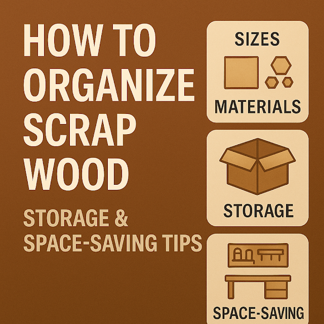 Digital graphic thumbnail titled 'How to Organize and Store Scrap Wood from Laser Cutting' featuring storage bins, wooden offcuts, and workspace organization tips on a clean, light background.