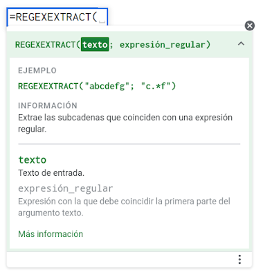 Ayuda contextual de la función REGEXEXTRACT.