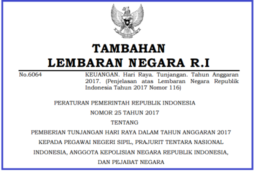 PERATURAN PEMERINTAH PP NO 25 TAHUN 2017 TENTANG PEMBERIAN THR BAGI PNS