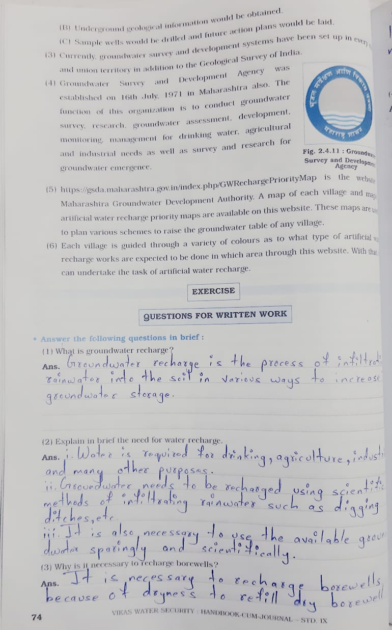 9th std water security handbook cum journal solutions MH Board