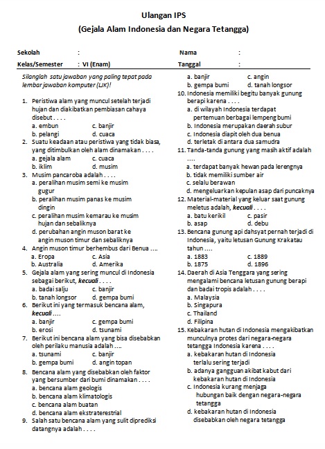 Soal Ulangan Harian IPS Kelas VI Bab Gejala Alam di 