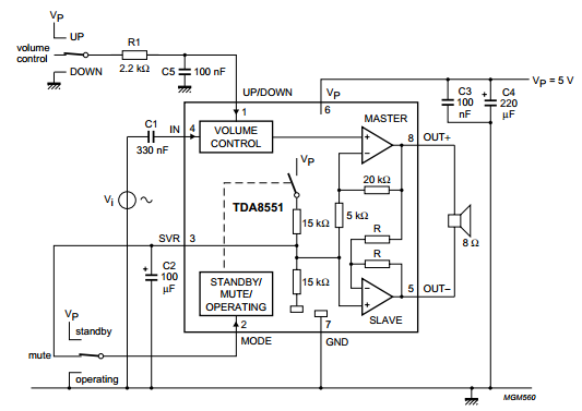 Circuit diagram TDA8551 Audio Ampllifier 1 x 1 W