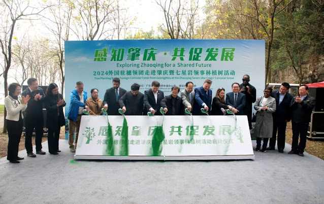 "Perceive Zhaoqing and promote development together" - 2024 foreign consular delegations in Guangzhou enter Zhaoqing and the launching ceremony of Qixingyan "Consular Forest" tree planting activity.