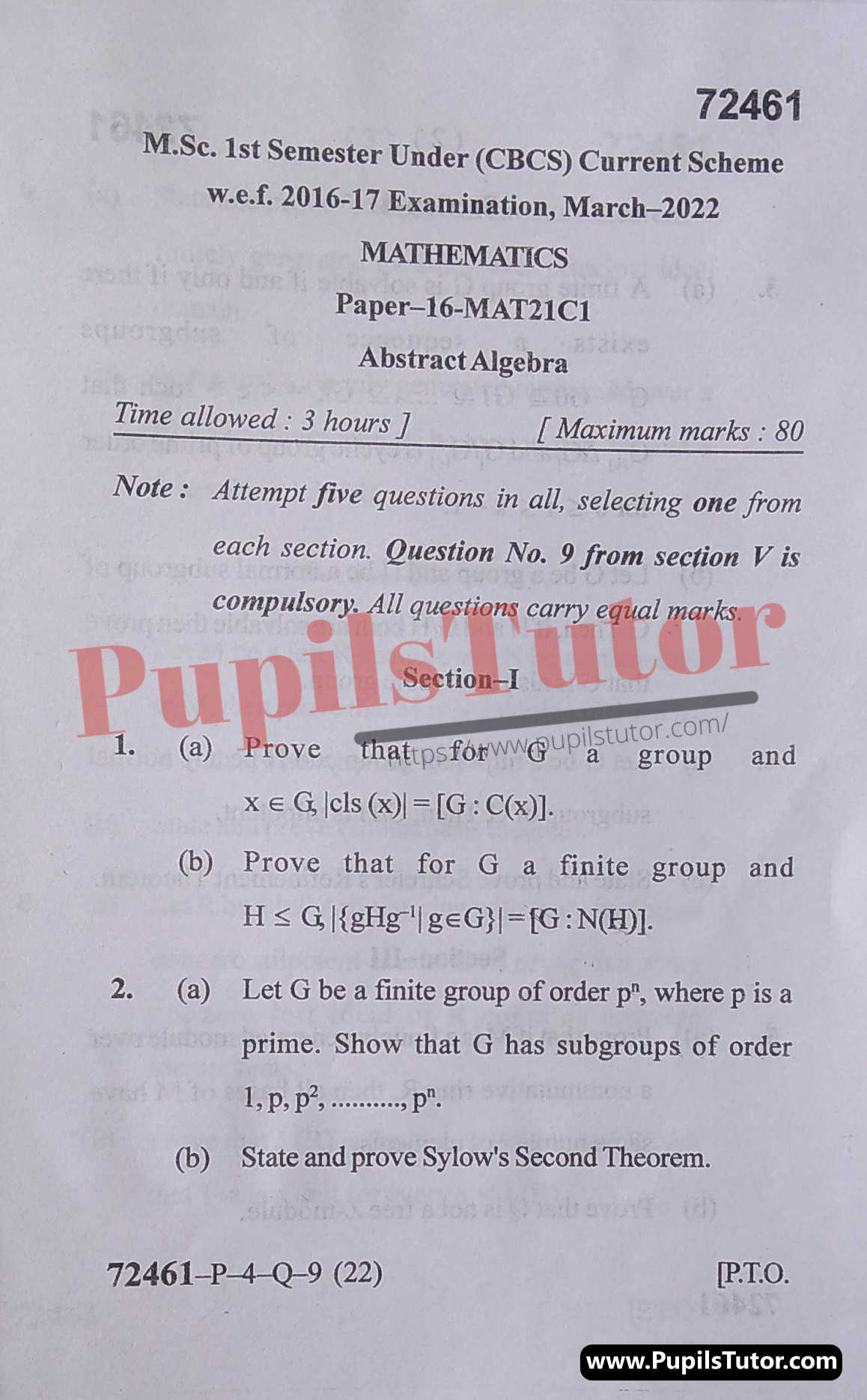 MDU (Maharshi Dayanand University, Rohtak Haryana) MSc Mathematics CBCS Scheme First Semester Previous Year Abstract Algebra Question Paper For March, 2022 Exam (Question Paper Page 1) - pupilstutor.com