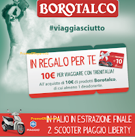 Logo Borotalco #Viaggiasciutto ti regala 10€ per viaggiare con Trenitalia e vinci Scooter Piaggio Liberty