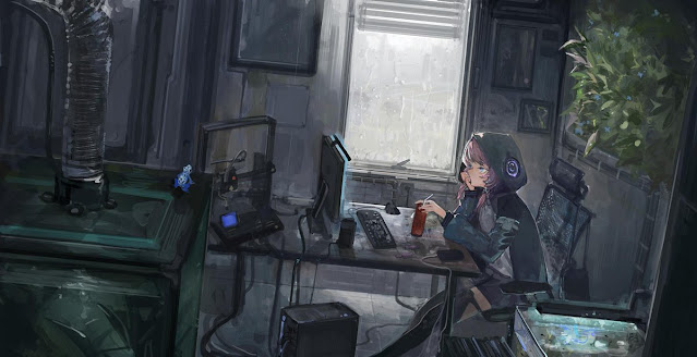 Anime Girl using a computer desktop wallpaper