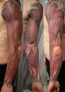 3d tattoo creating the illusion that the skin is ripped and the arm's muscles and tendons are visible