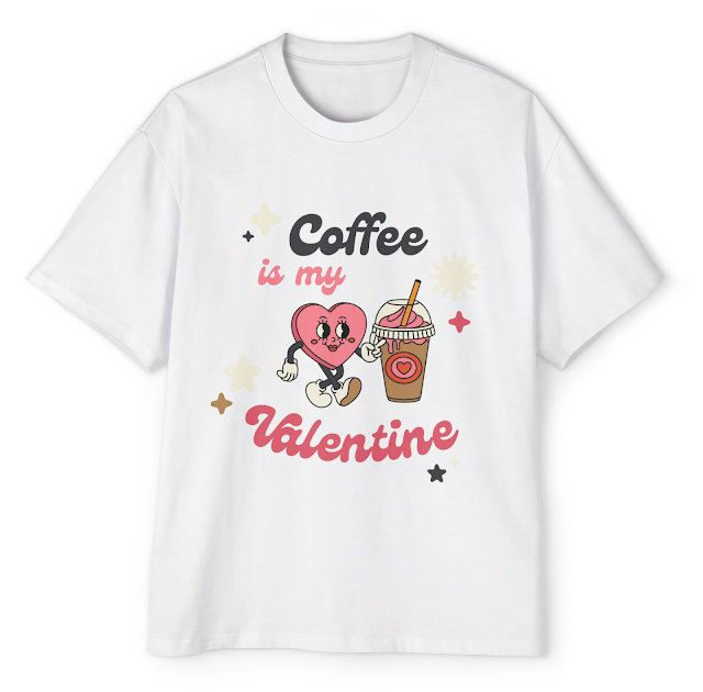 Men's Heavy Oversized T-Shirt With White Pink Brown Playful Retro Coffee is my Valentine Typography