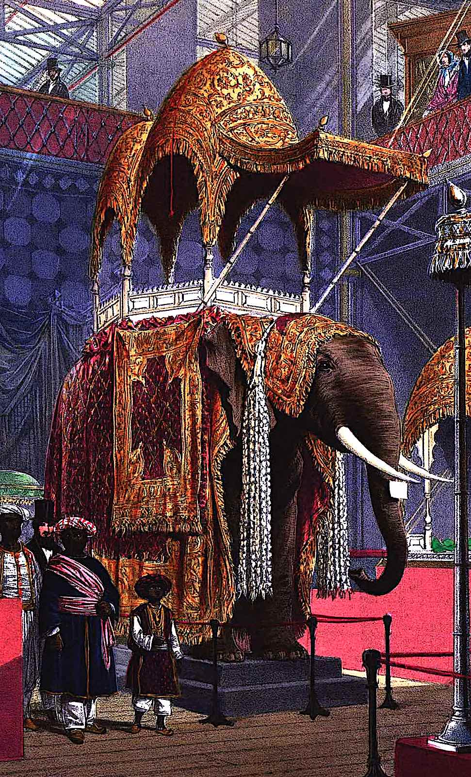 at the 1851 Great Exhibition of London, a display of elephant and riding gear for a rich powerful person