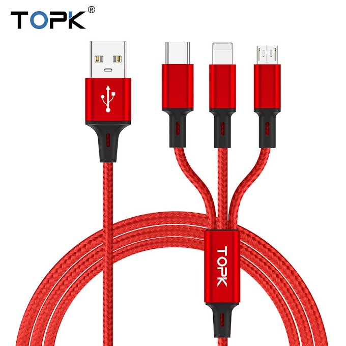 Dây cáp sạc TOPK AN20 nhiều cổng sạc USB micro type C lightning 3 trong 1 cho điện thoại iPhone Samsung Huawei dài 1.2M