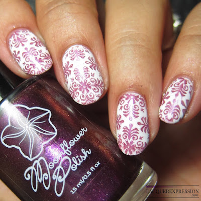 Moonflower Polish Selene nail polish stamped over white