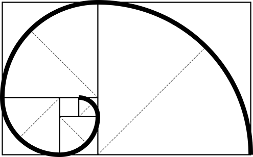 ilustracion de la espiral de fibonacci (fibonnaci sequence), sucesión de fibonacci, secuencia de fibonacci, o también llamada espiral dorada; todo ello con fondo blanco 3