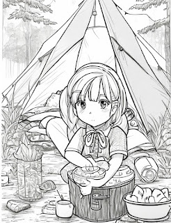 girl making food in summer camp coloring page