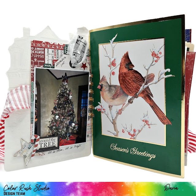 Dana Tatar shares her December Daily Mini Album cover design and festive inner pages created from upcycled Christmas cards for Color Rush Studio.