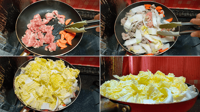 フライパンにサラダ油、豚肉、にんじんを中火で炒め、豚肉が半分くらい色が変わり火が通ったら白菜の白い軸を加えて炒め合わせます。  軸が半透明になり、豚肉にもしっかり火が通ったら白菜の葉を加えて1分程度炒め、全体に油がまわるようにします。 葉を加えるとフライパンからはみ出しで山盛りになります。