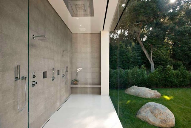 Picture of shower cabin with glass wall to the backyard