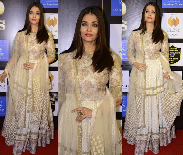 Aishwarya Rai Bachchan in Cream and Gold Embroidered Sabyasachi Anarkali Suit