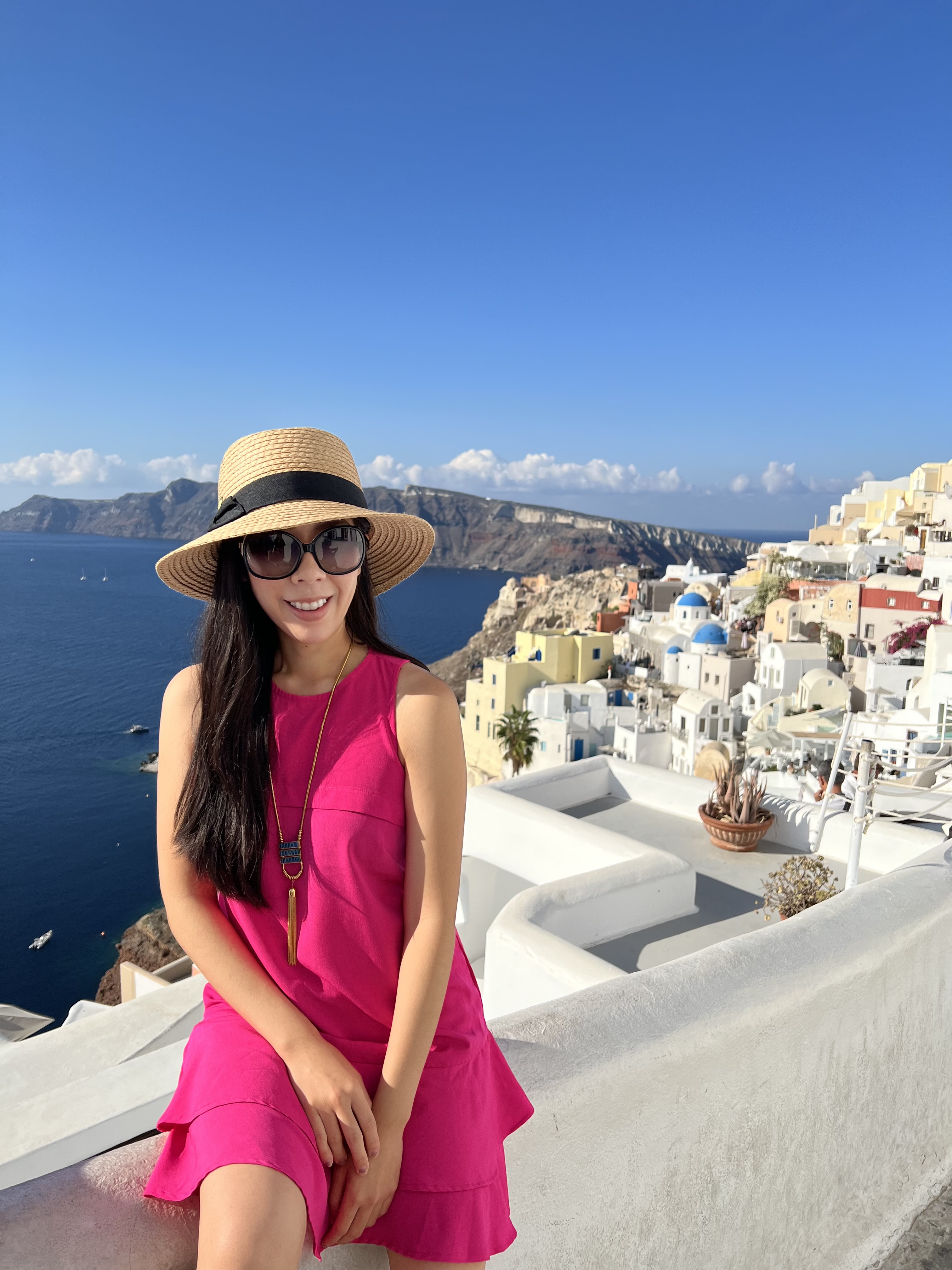 Oia, Santorini_Santorini in October_Hot Pink Drop Waist Dress and Fedora_Adrienne Nguyen