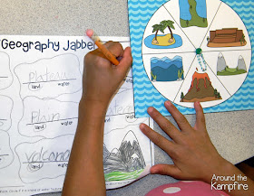 Geography Jabber landforms literacy center.  Students spin a landform, determine if it is a water or land feature, then tell their partner all they know about the landform.