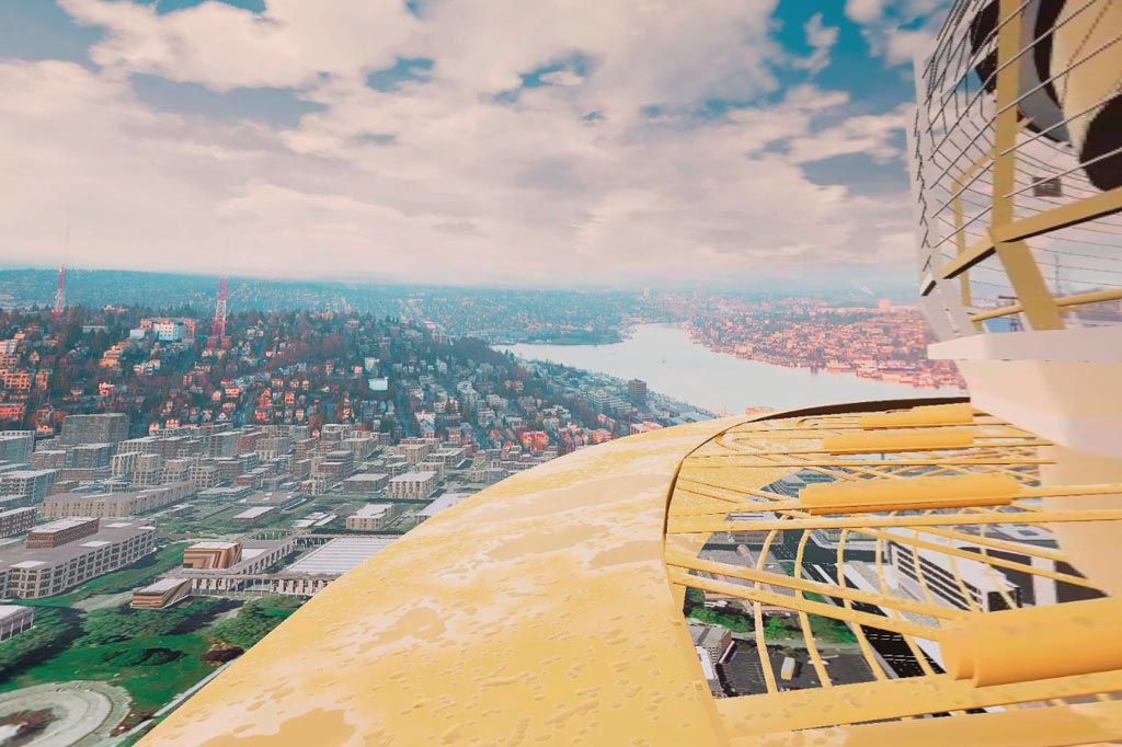 Standing on the yellow architectural halo that surrounds the observation deck.