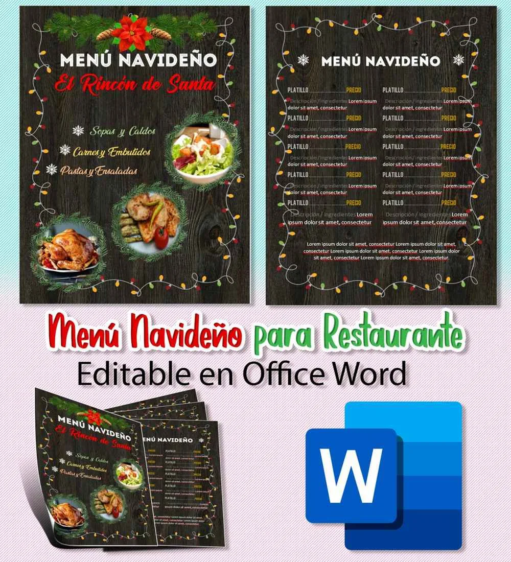 Menu para restaurante editable en word