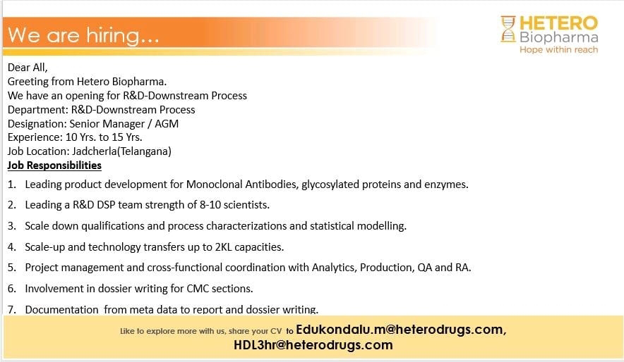 Job Availables,HETERO  Biopharma Job Vacancy For &D-Downstream Process