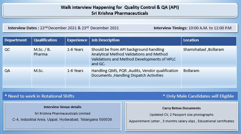 Job Availables,Sri Krishna Pharmaceuticals Limited Walk-In-Interview For MSc/ B.Pharm