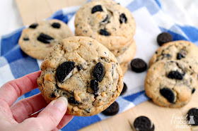 These easy to make peanut butter cookies start with a cake mix and are loaded with chunks of chopped Oreos.