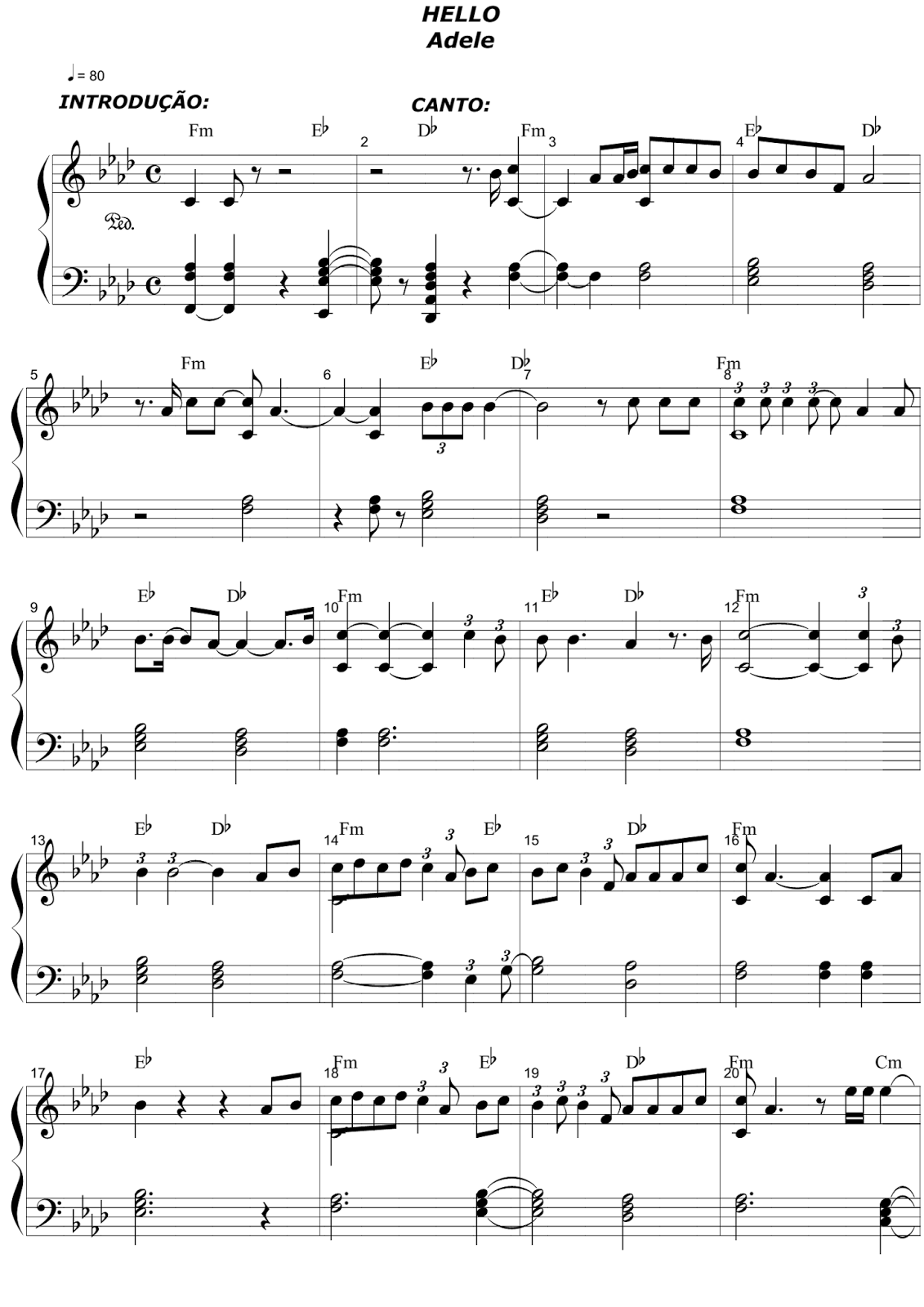 Partituras Musicais: Hello - Adele - Piano - (InÃ©dita) - n.Âº 1482