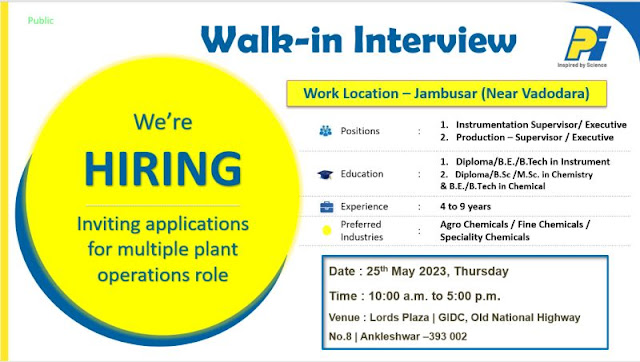 PI Industries Jambusar Walk in Interview For BE/ BTech/ Diploma Chemical/ Instrumentation  BSc/ MSc