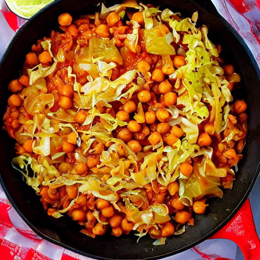 skillet with cabbage and chickpeas