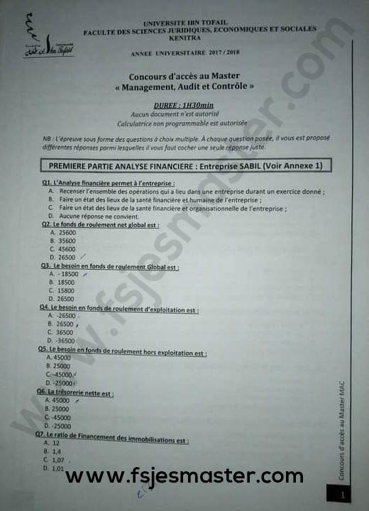 Exemple Concours Master Management Audit et Contrôle (MAC) 2017-2018 - Fsjes kénitra