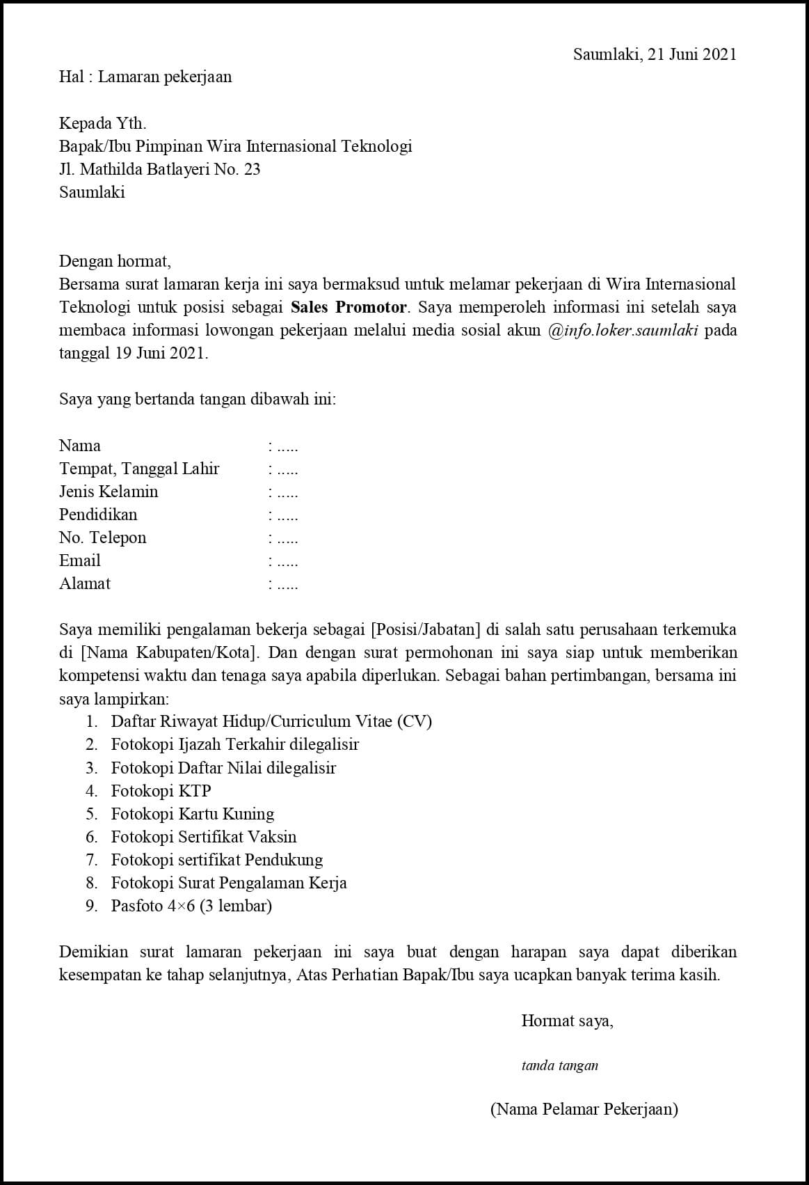 Contoh Application Letter Sales Promotor Yang Sudah Berpengalaman Berdasarkan Informasi Dari Media Sosial