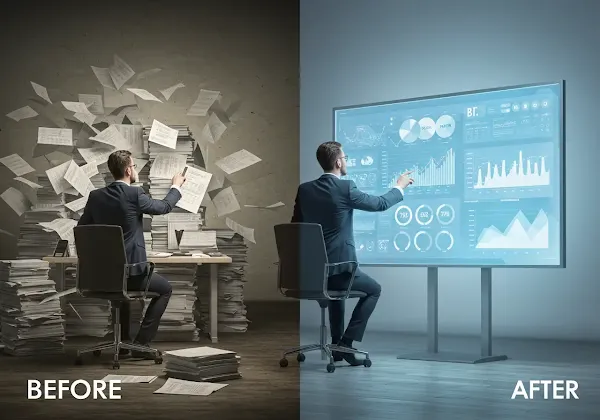 A before-and-after comparison showing a manager moving from chaotic spreadsheets to a clear BI dashboard. 