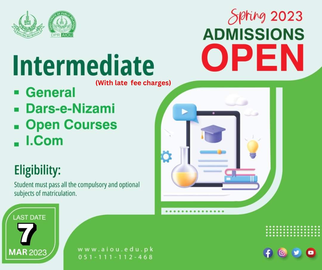 Matric & F.A Programmes (Last Date 7th March, 2023) with late fee.