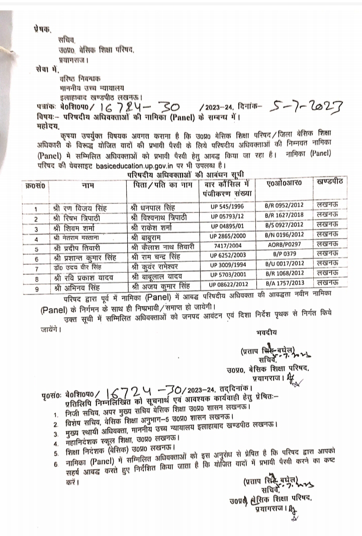 देखे कौन लड़ेगा कोर्ट केस :-बेसिक शिक्षा विभाग के लिए नामित हुए वकील