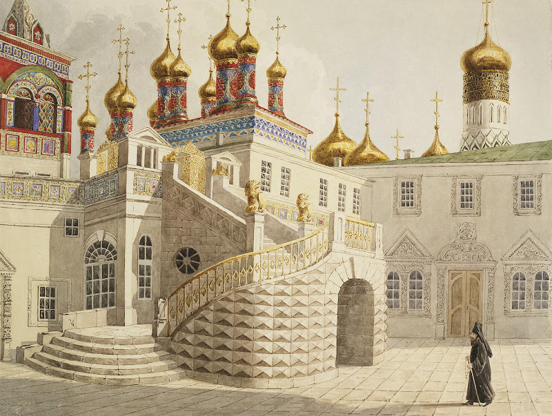 Boyar Ground and the Church of Our Saviour behind the Gold Railing in the Moscow Kremlin by E. Gilbertson - Architecture Drawings from Hermitage Museum