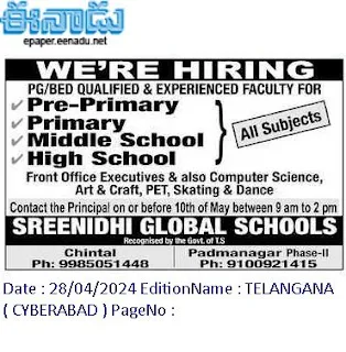 Chintal Sreenidhi Global Schools All Subjects Teachers Jobs Recruitment