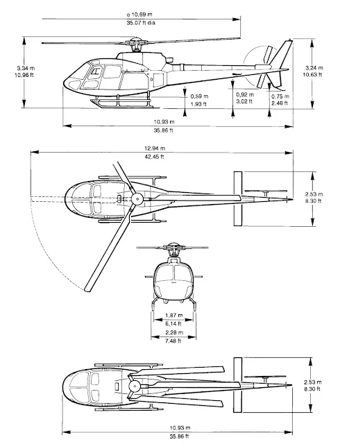 Blueprints Attribute: H125's engineering drawings - front view, side view, and top view.