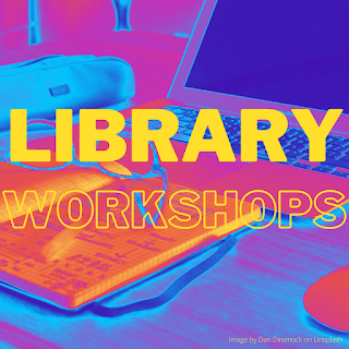 Multicolor neon image of a workspace. Text: Library workshops