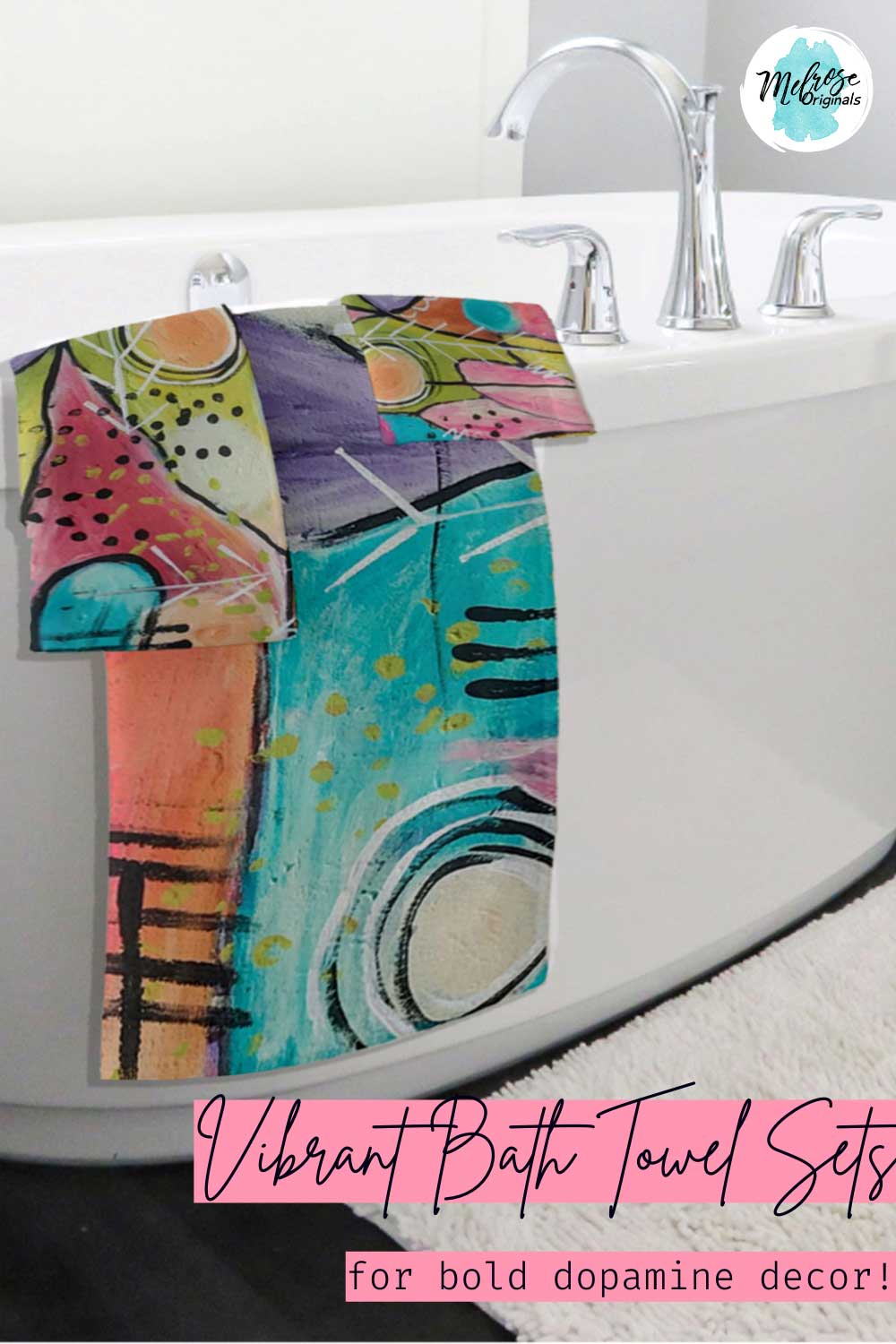 bold towels with colorful abstract art for dopamine decor trend