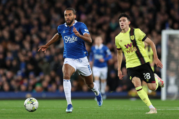Dominic Calvert-Lewin of Everton competes for possession with Ameen Al-Dakhil of Burnley during the Carabao Cup Fourth Round match between Everton and Burnley at Goodison Park on November 01, 2023 in Liverpool, England.