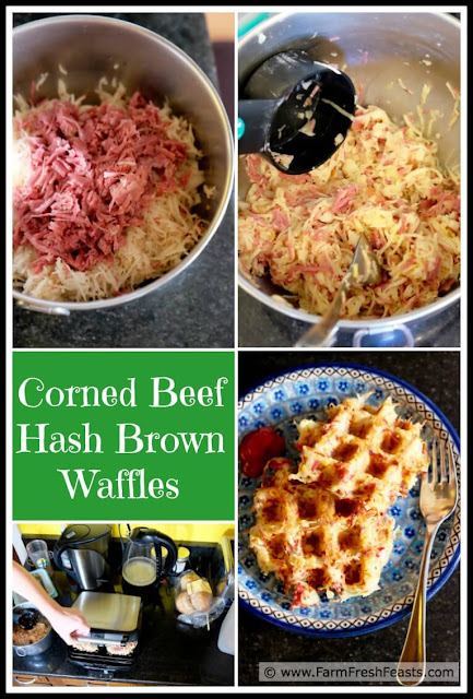 A recipe for leftover corned beef waffled with shredded potatoes for a savory treat for a post-St Patrick's day breakfast or brunch.