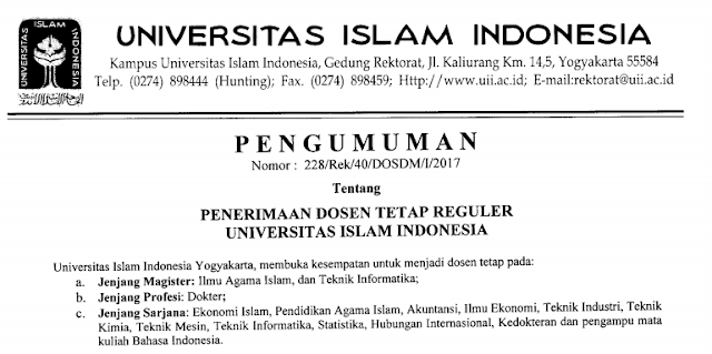 Penerimaan Dosen Tetap Regular UII Tahun 2017