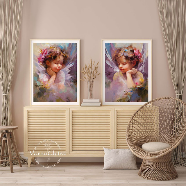 Harmony of Cherubs, High Quality Printable, innocent angelic child painting in impasto thick paint oil paint for children's rooms and as a gift to kids by Biju Varnachitra