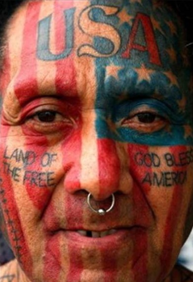 face tattoos. American Flag Face text tattoo