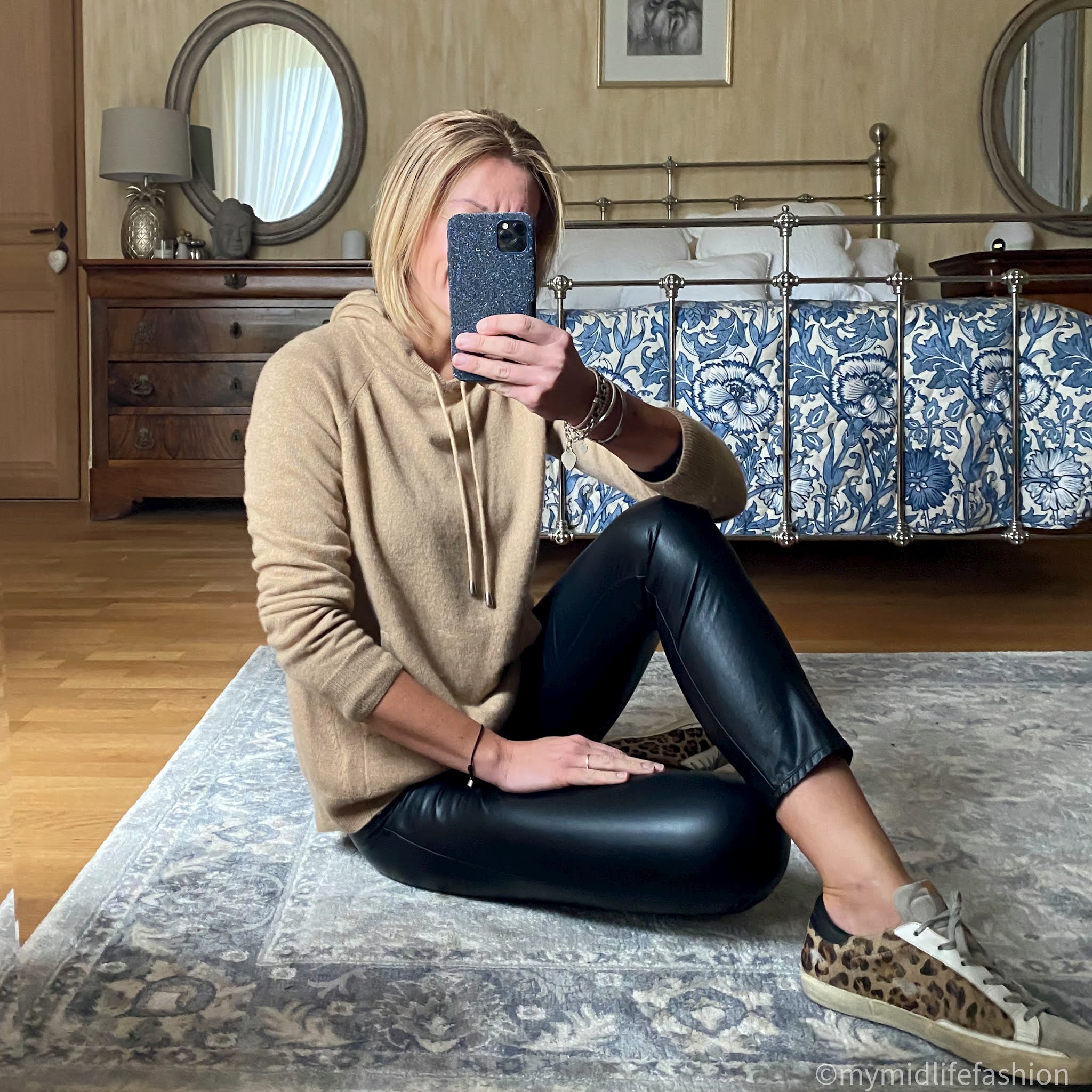 my midlife fashion, marks and Spencer cashmere hooded jumper, Isabel Marant Etoile faux leather trousers, golden goose superstar low top leather trainers