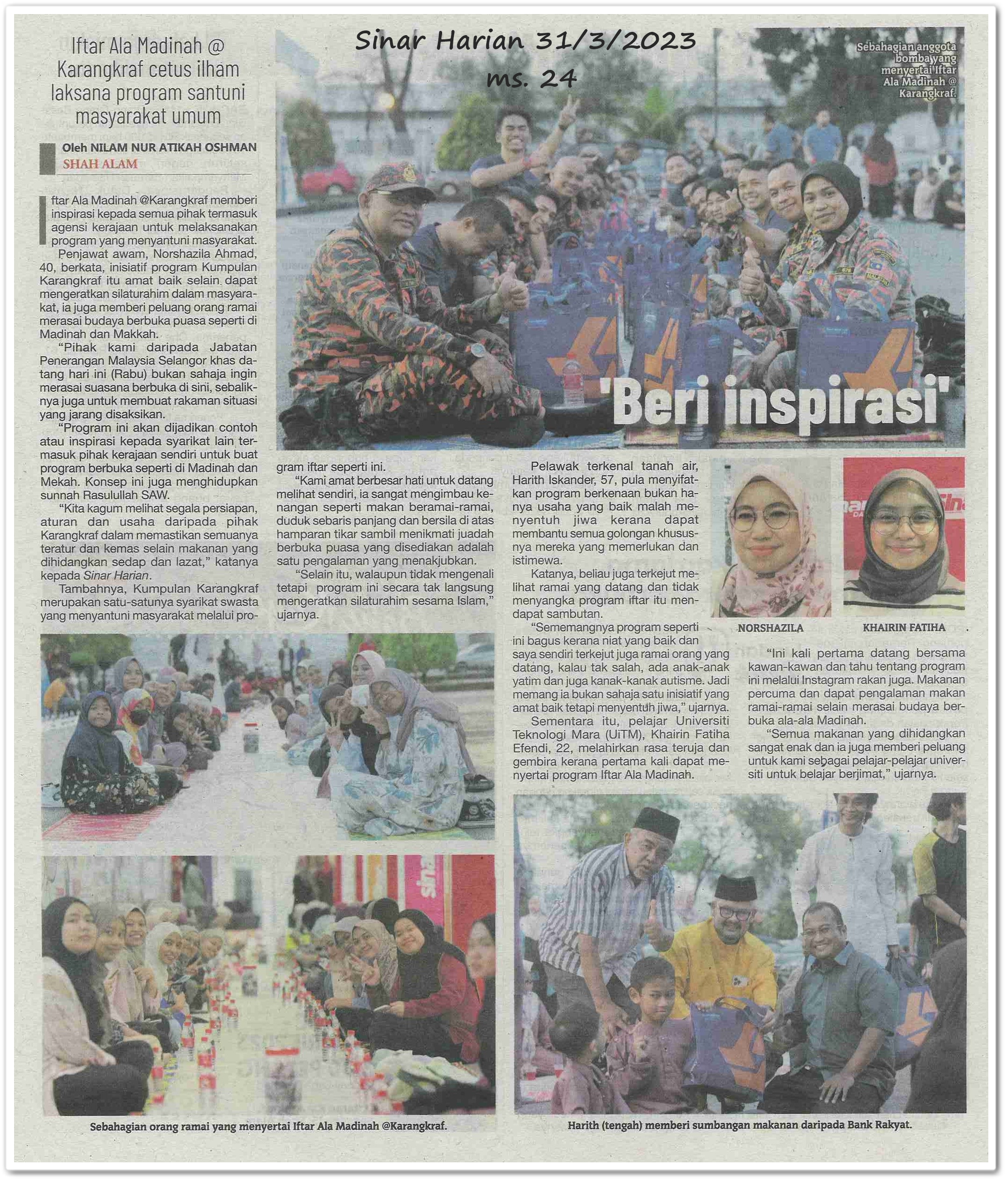 'Beri inspirasi' ; Iftar Ala Madinah @ Karangkraf cetus ilham laksana program santuni masyarakat umum  - Keratan akhbar Sinar Harian 31 Mac 2023