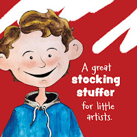 An image of a boy advertising the book as a stocking stuffer taken from the book An Elf Erased My Picture by Kelley Donner