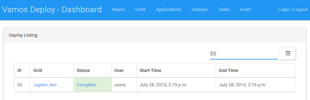 Vamos Deploy Dashboard showing the grid Jupiter_dev set to Complete.